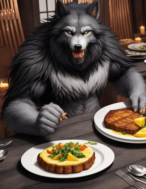 A Hungry Dark Gray Werewolf Plead for Food