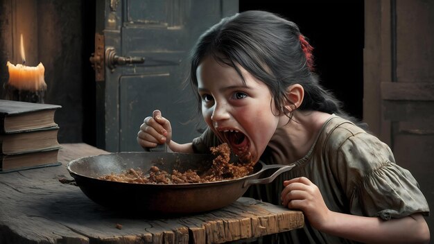 Hungry girl eating from pan