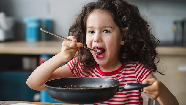 Hungry girl eating from pan