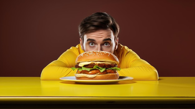 Hungry man craving to eat a hamburger A very hungry guy Diet concept created with Generative AI technology