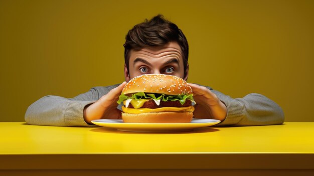 Hungry man craving to eat a hamburger a very hungry guy diet concept created with generative ai technology