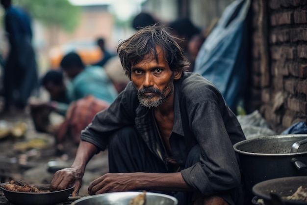 Hungry man on the slum district