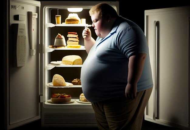 Hungry obese man looking at food in the fridge at home at night Generate Ai