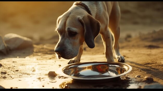 写真 ⁇ えたり ⁇ いたりした犬は ⁇ 食や水を得るために金属のボウルを持ってくる