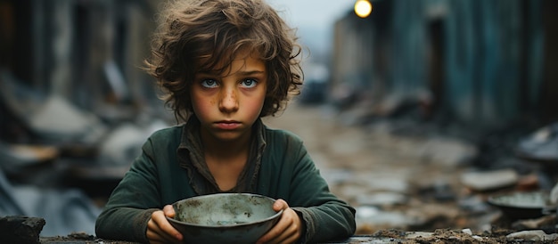 Hungry palestine poor boy with beautiful eyes kid with an empty plate Holding empty plate in hands