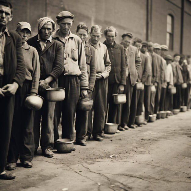 Hungry people holding containers waiting for free food in long line great depression concept