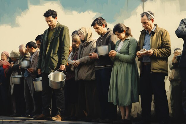 コンテナを握っている空腹の人々が 長い列で無料の食べ物を待っています 大恐慌の概念
