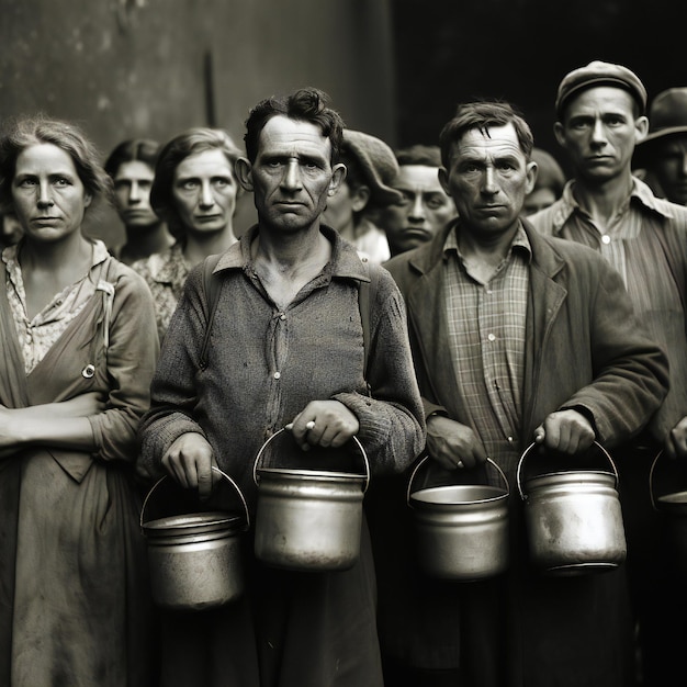 Foto persone affamate che tengono contenitori in attesa di cibo gratuito in una lunga fila concetto di grande depressione