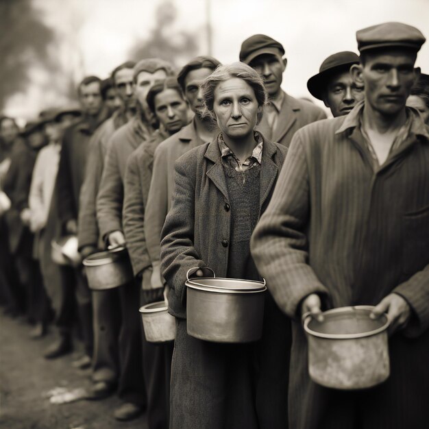 Hungry people holding containers waiting for free food in long line great depression concept