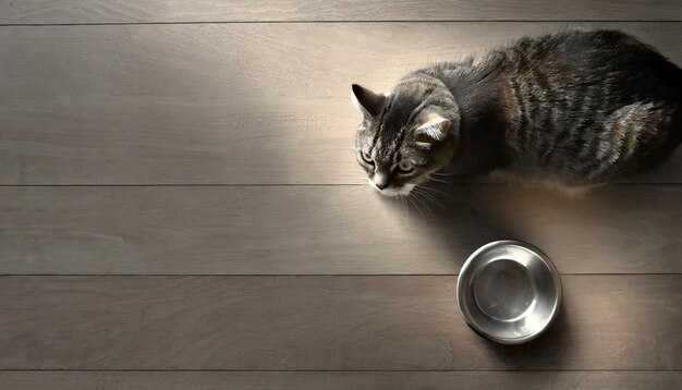 Hungry pet cat runs out of food and waits to be fed