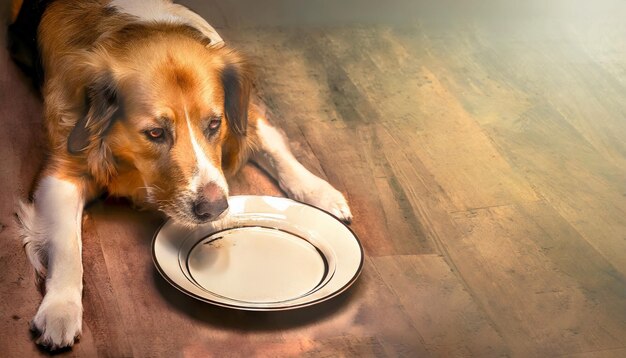 Hungry pet dog runs out of food and waits to be fed