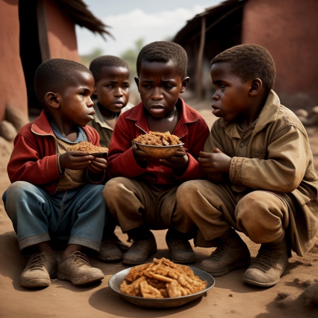 배고픈 가난한 아이들이 마을에서 음식을 먹고 있습니다.