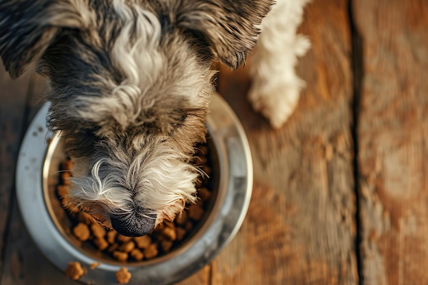 Foto cattolino affamato con una ciotola di cibo per cani