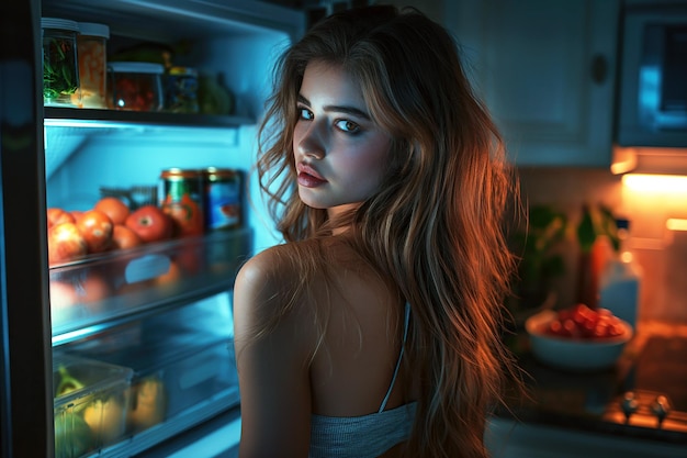 Photo hungry sad young woman looking and choosing food on refrigerator with open door at night in kitchen