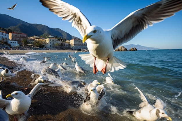 Photo hungry seagulls scouring giardini di naxos beach in sicily italy ar 32