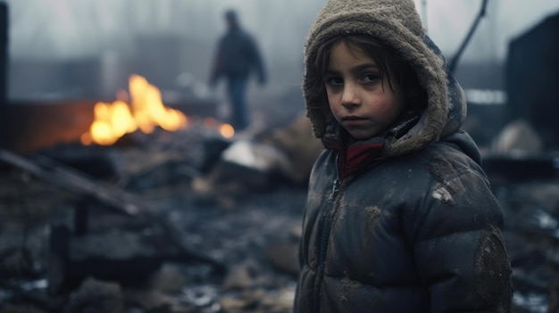 写真 戦争遺跡の真っ只中でカメラを見つめる、お腹を空かせたかわいそうな小さな子供