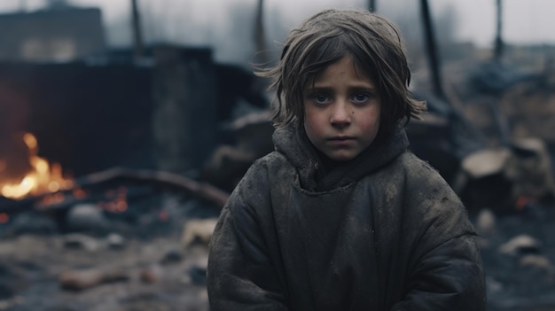 Голодный бедный маленький ребенок смотрит в камеру посреди военных руин
