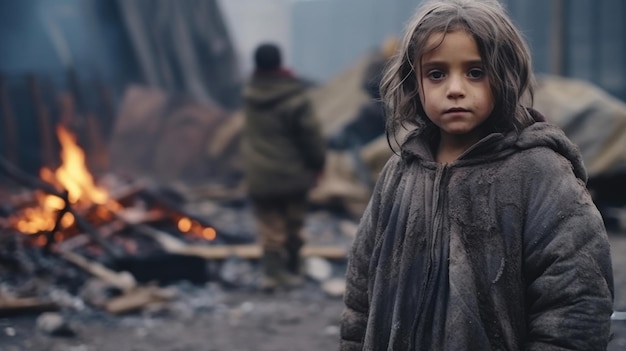 Hungry starving poor little child looking at the camera in the midst of war ruins