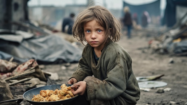 Голодный бедный маленький ребенок смотрит в камеру посреди военных руин