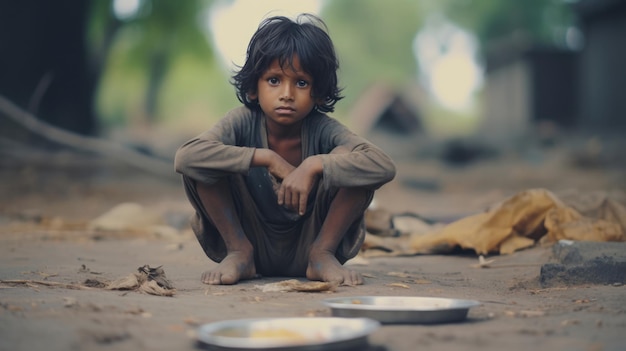 Foto bambino povero affamato e affamato che guarda la telecamera