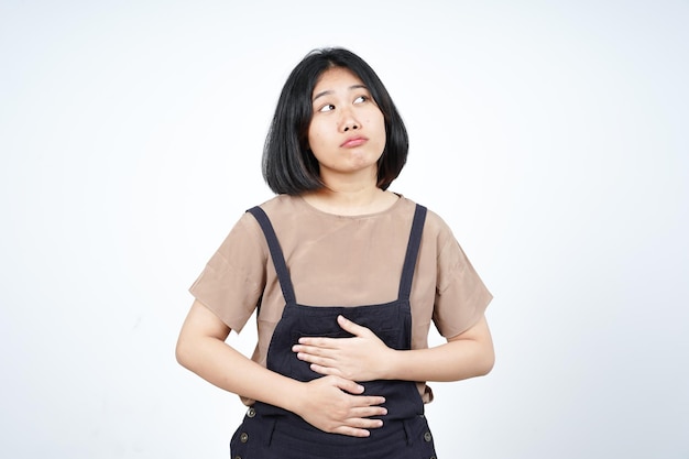 Hungry want to eat and touch stomach of Beautiful Asian Woman Isolated On White Background