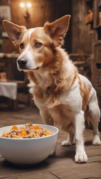 大きな耳と茶色の目を持つ空腹の白と茶色な犬が食べ物で満たされた鉢を食べる準備ができています