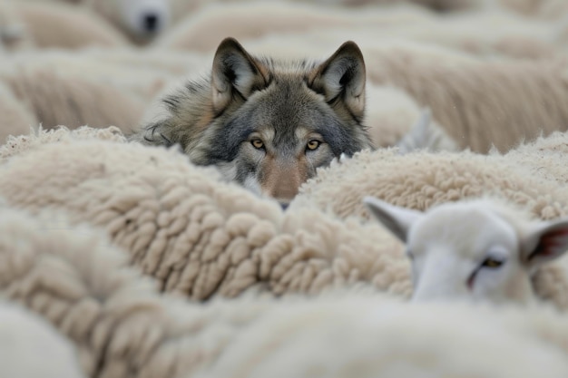 Голодный волк прячется среди стада овец.