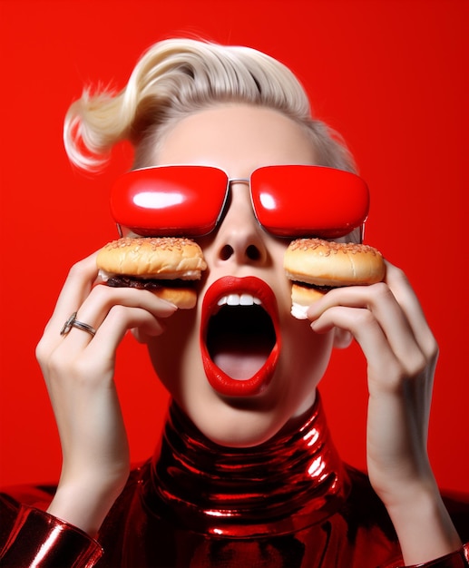 Foto moda donna affamata hamburger dieta fast food persona hamburger pranzo panino