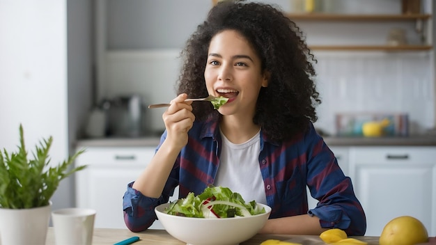 写真 サラダを食べている空腹の女性