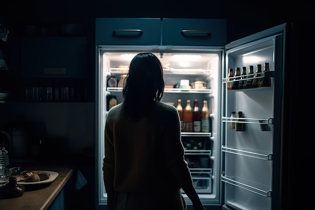 Hungry woman looking for food in fridge at night Generative AI