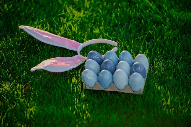Охота на пасхальные яйца пасхальные яйца и кроличьи уши на зеленом фоне травы поздравительная открытка с пасхой