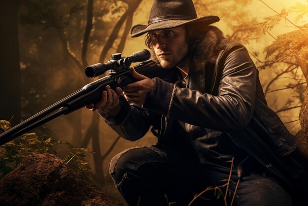 Photo hunter aiming with rifle
