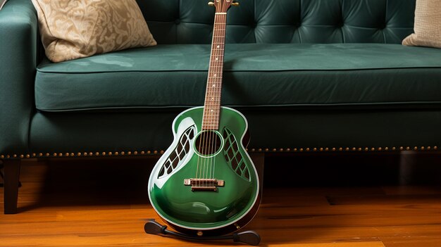 Hunter green electric guitar and a bouzouki on a traditional blackwood side table