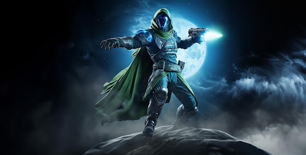 Hunter van Destiny videogame met een blauw vloeiend hd behang gegenereerd ai