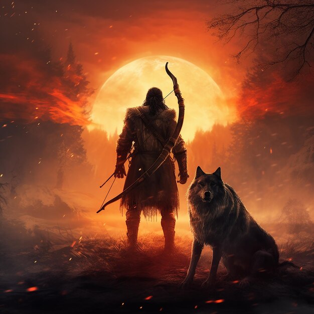 hunter with a bow facing wolf in the fire