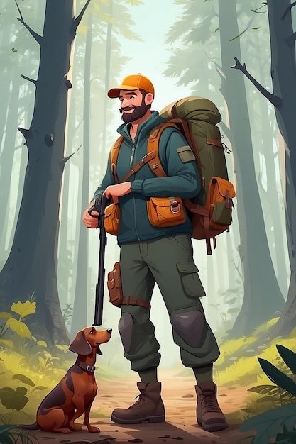 狩の季節の森でペットとライフルを握るダックシュンドとラックサックのハンター 捕獲物を探す男と
