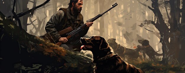 Hunter with rifle and dog in forest illustration or cartoon wide banner