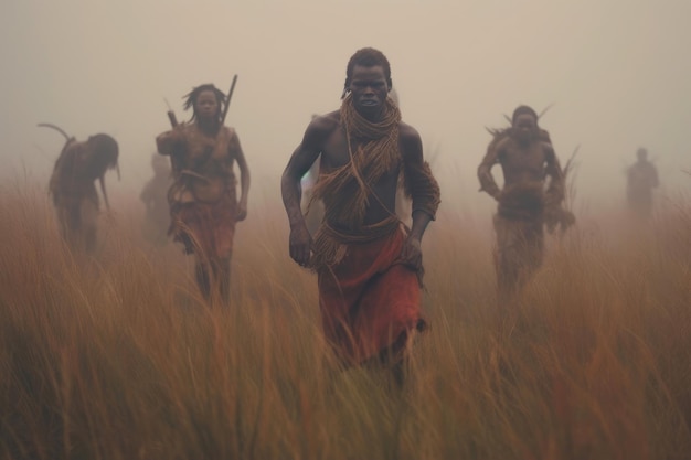 Foto cacciatori che corrono attraverso la nebbia della savana