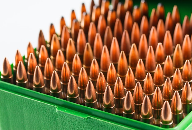 Hunting cartridges in a plastic box. Bullet storage box.