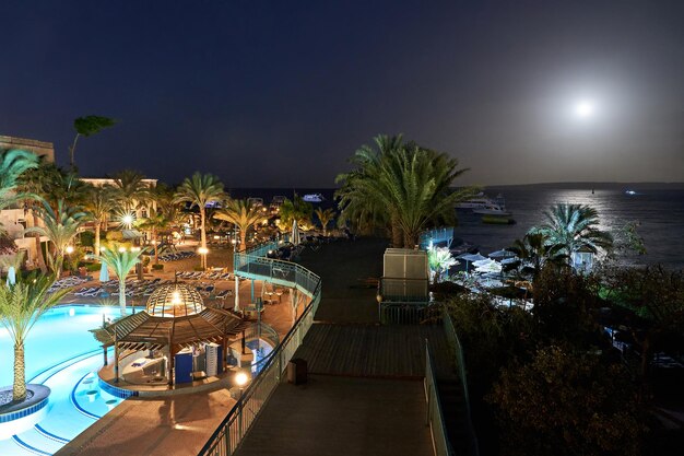 Hurghada Egypt February 03 2021 Sea view from the hotel Night landscape on the red sea Holidays in Egypt