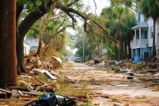 Hurricane aftermath devastated street