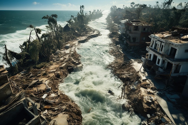 Фото Ураган девастация воздушный вид прибрежного города в руинах после мощного урагана, сгенерированный с помощью ии