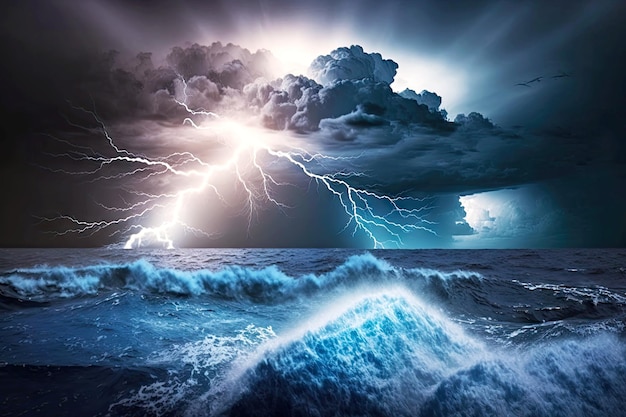 Ураганные экстремальные погодные явления над океаном с молнией и грозой, генерирующей искусственный интеллект