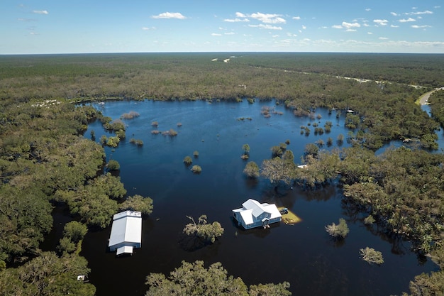 Hurricane Ian flooded houses in Florida residential area Natural disaster and its consequences