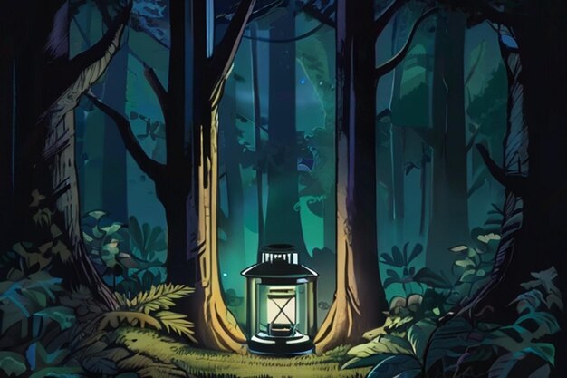 A hurricane lamp on the forest outside of a big tree