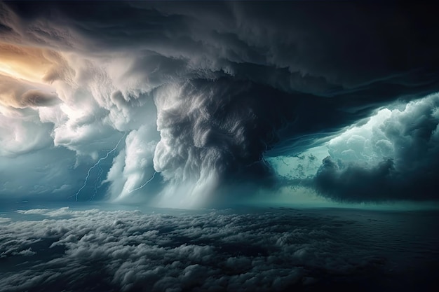 Ураган с темными грозовыми облаками и молнией на заднем плане, созданный с помощью генеративного ИИ