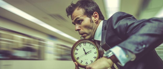 焦ったビジネスマンが仕事の約束に急いで時間をチェックして走っています