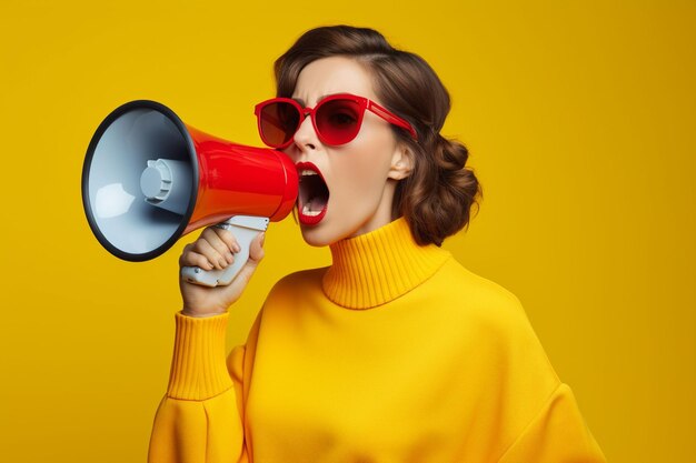 Hurry up stylish brunette woman screaming