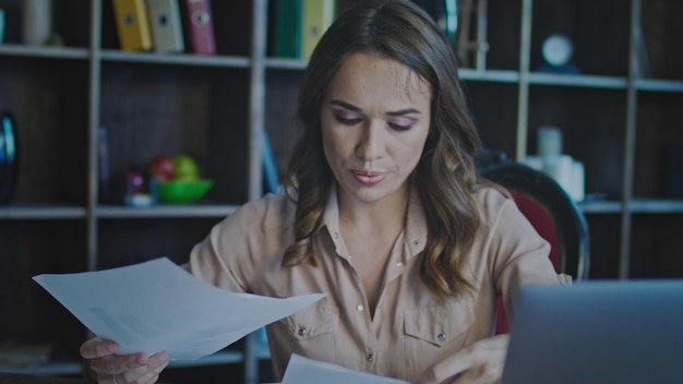Hurry woman working with business report Business woman taking notes Deadline