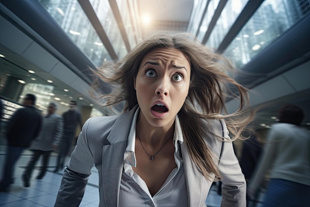 Hurrying woman in panic and anxiety in the hall